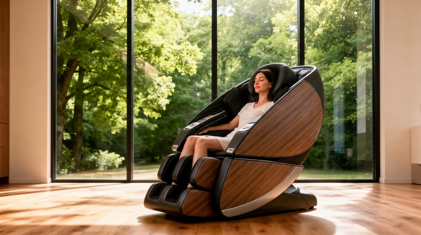 Woman relaxing in luxury Human Touch massage chair beside large windows overlooking trees